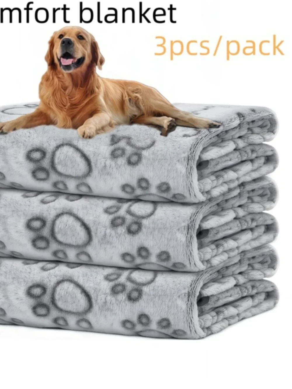 New 3-Pack Soft Fleece Pet Comfort Blankets - Cute Grey Paw Print Set